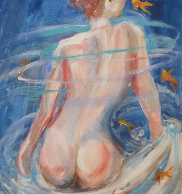 She Swims With Fishes, mixed media painting by Wendy Gell, 2013