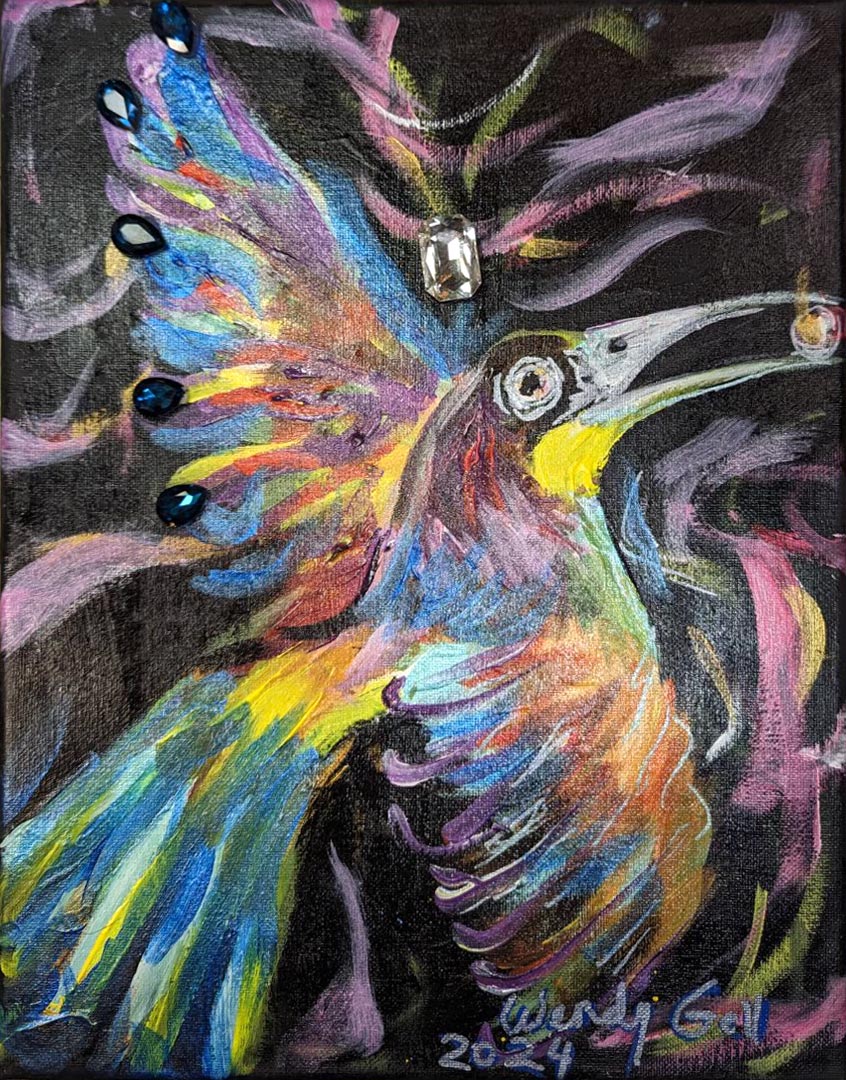 Hummingbird with Jewels, 14 x 11 original painting by Wendy Gell